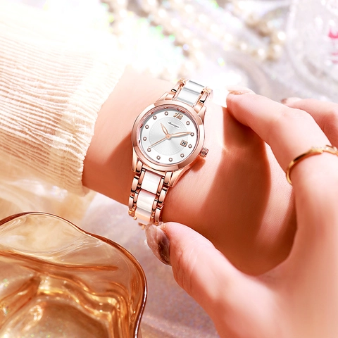 Montre Quartz Femme Mode Élégant Or Rose Alliage Bracelet Céramique Étanche Date Calendrier Aiguilles Lumineuses