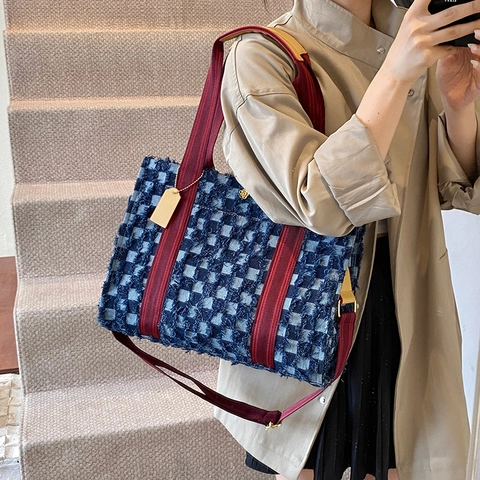 Borsa Tote In Denim Grande Capacità Scacchi Frange Tracolla Rossa Contrasto Borsa A Spalla Donna Casual Viaggio