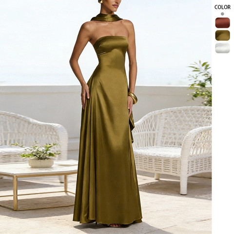 Satin Strapless Maxi Dress Backless Lace Up Elegant Evening Party With Matching Scarf For Women