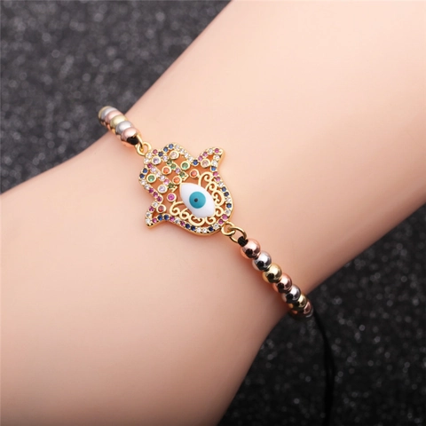 Hamsa Hand Evil Eye Bracelet Copper Cubic Zirconia Adjustable Red String Box Chain Lucky Protection Jewelry For Women