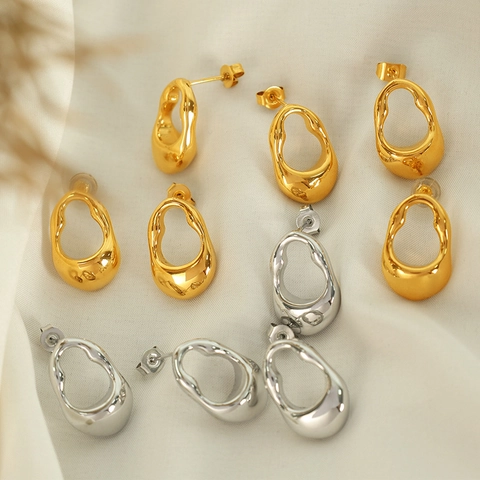 Pendientes De Botón Geométricos Irregulares Acero Inoxidable Metal Líquido Fluido Orgánico Estilo Retro Francés Minimalista