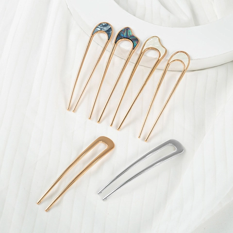 U-Vormige Haarspeeltje Metaal Legering Vork Met Schelppatroon Acetaat Franse Haarspeld Voor Dames Kapsels