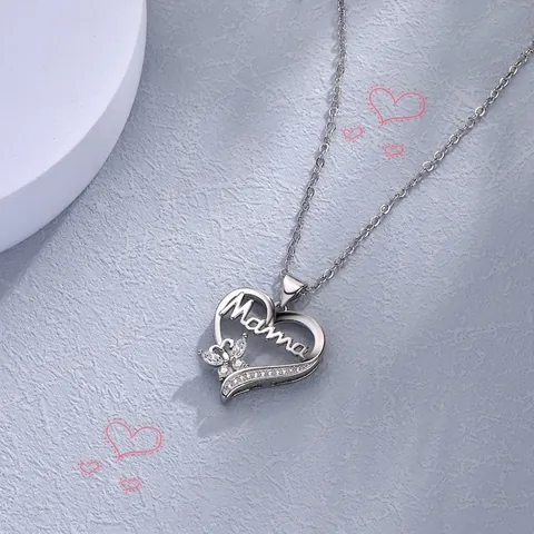 Collier Pendentif Cœur Papillon Mama en Cuivre avec Strass Incrustés Chaîne Clavicule Bijoux Cadeau de Fête des Mères pour Femmes