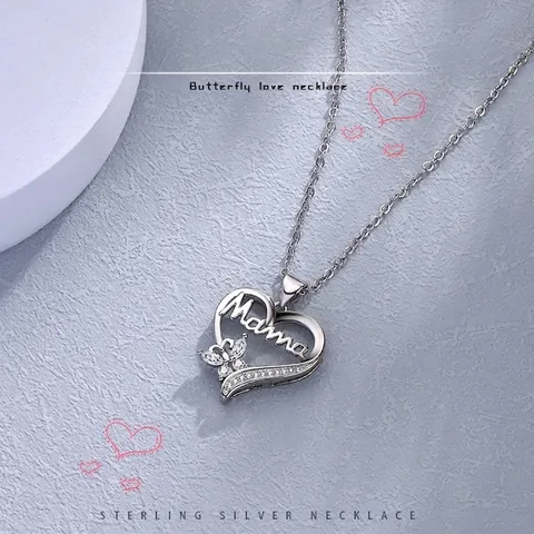 Mama Heart Butterfly Pendant Necklace Copper Rhinestone Inlaid Clavicle Chain Jewelry Mothers Day Gift For Women Silver Tone