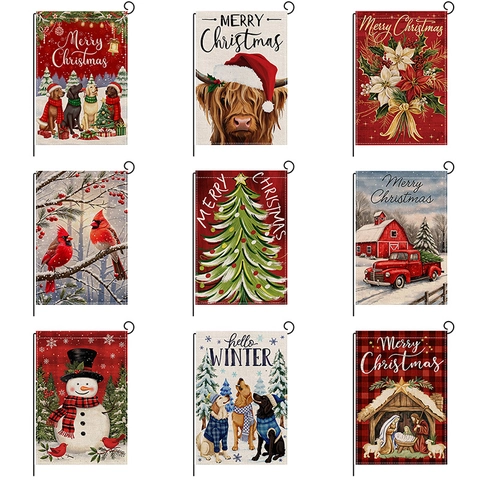 Drapeau De Jardin De Noël Polyester Lin Double Face Extérieur Cour Décoratif Hiver Bonhomme De Neige Camion Rouge Nativité