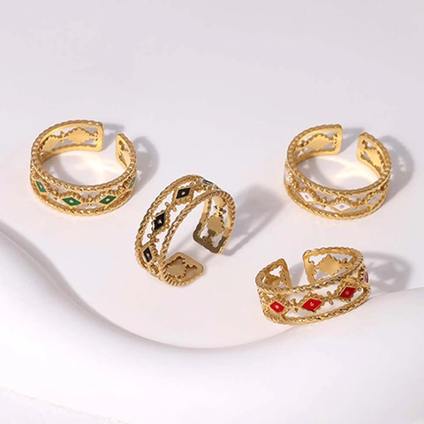 Edelstahl Offener Ring Emaille Geometrische Raute Gedrehtes Seil Verstellbarer Modeschmuck Für Damen