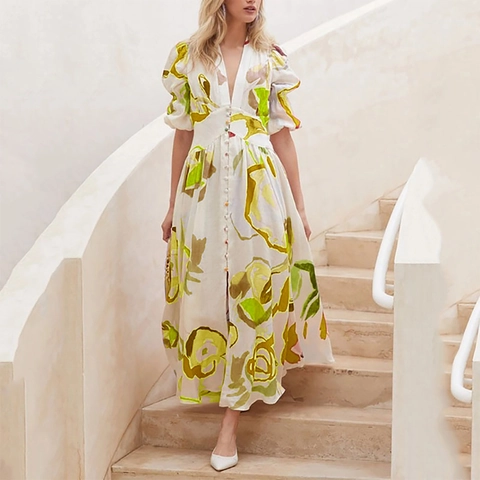 V Neck Abstract Floral Print Maxi Dress Polyester Puff Sleeve Button Down High Waist Bohemian Beach Vacation For Women