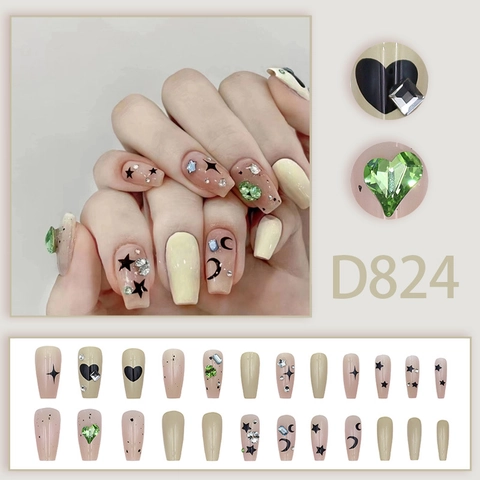 Long Coffin Press On Nails With 3D Rhinestones Heart Star Moon Patterns Sweet Cool Style False Fingernails
