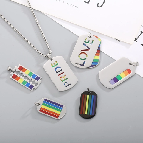 Rainbow Pride Pendant Necklace Stainless Steel Enamel Jewelry Unisex Colorful LGBTQ Dog Tag Love Lettering Accessory
