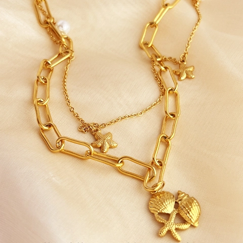 Collier Double Couche Bohème en Acier Inoxydable pour Femme Plaqué Or 18K Perle Artificielle Étoile de Mer Bijoux de Plage