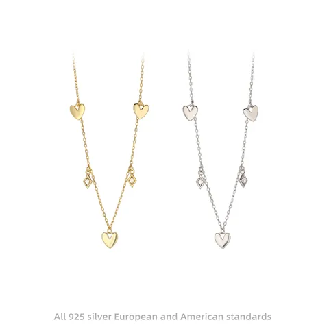 925 Sterling Silver Heart Pendant Necklace For Women Elegant Gold Plated Geometric Rhinestone Clavicle Chain Jewelry