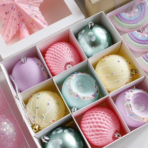 Macaron Candy Color Christmas Ornaments Star Tree Topper Rainbow Rocking Horse Plastic Glitter Baubles