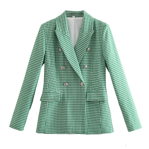 Women's Vintage Plaid Houndstooth Blazer Double Breasted Slim Fit Notched Lapel Casual Streetwear Suit Jacket For Spring Autumn