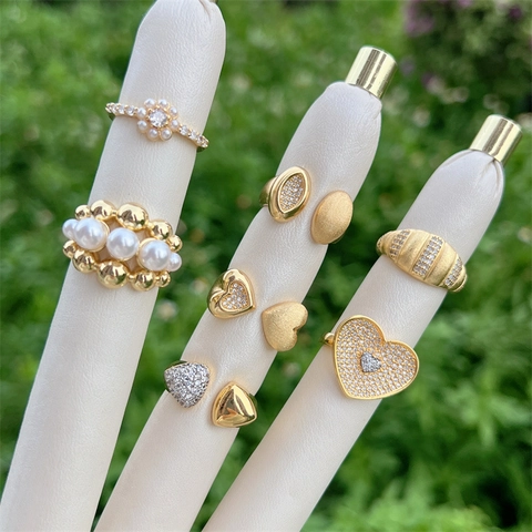Adjustable Gold Plated Copper Rings With Zircon And Imitation Artificial Pearl Minimalist Fashion Jewelry For Women