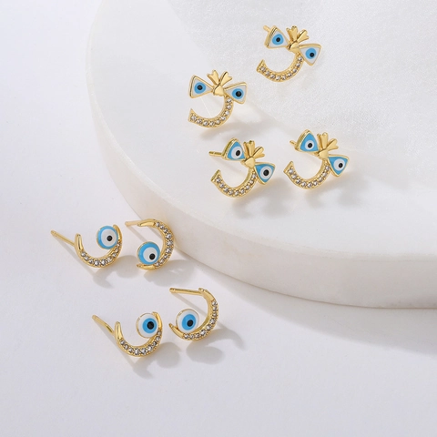 Evil Eye Stud Earrings Gold Plated Brass Zircon Enamel Crescent Moon Bowknot Geometric Personalized Jewelry For Women
