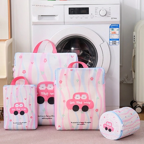 Fine Mesh Laundry Washing Bags Zippered Portable Protective Wash Bag For Underwear Bra Clothes Cartoon Print Household Anti Deformation