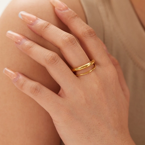 Anello A Fascia Semplice Cavo A Doppio Strato Acciaio Inossidabile Placcato Oro Inalterabile Minimalista Versatile Donna