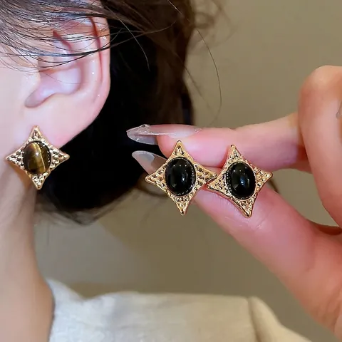 Pendientes De Estrella Vintage Aleación Ojo De Tigre Ágata Negra Con Poste De Plata Joyería Geométrica Mujer