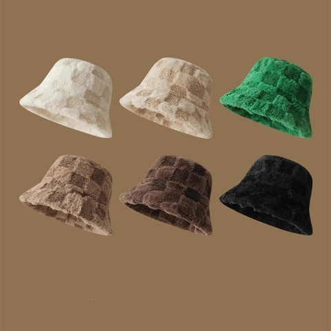 Women Winter Thick Warm Checkerboard Pattern Plush Bucket Hat Soft Polyester Faux Fur Fisherman Hat Windproof Basin Hat