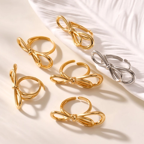 Minimalist Bowknot Open Ring Copper Polished Adjustable Knot French Style Jewelry For Women Elegant