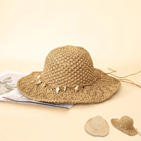 Sombrero de Paja Hecho a Mano para Mujer con Ala Ancha y Detalles de Conchas Moda Coreana Verano Protección UV Sombrero de Sol Playa Beige Caqui