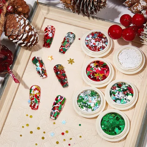 Paillettes Per Nail Art Di Natale Glitter Fiocco Di Neve Stella Albero Forme Miste Manicure Decorazione DIY Accessorio Feste