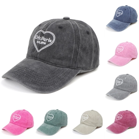 Heart Embroidery Baseball Cap Washed Cotton Retro Distressed Adjustable Sun Shade Hat For Men Women