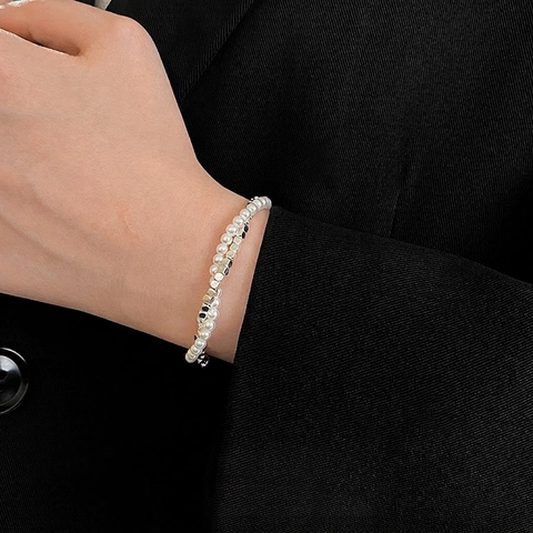 Layered Imitation Artificial Pearl Bracelet For Women Minimalist Alloy Irregular Geometric Metal Beads Adjustable Jewelry