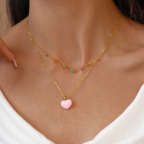 Zweilagige Halskette Vergoldetes Kupfer Rosa Emaille Herz Bunte Blütenanhänger Zirkon Süßer Eleganter Schmuck Damen