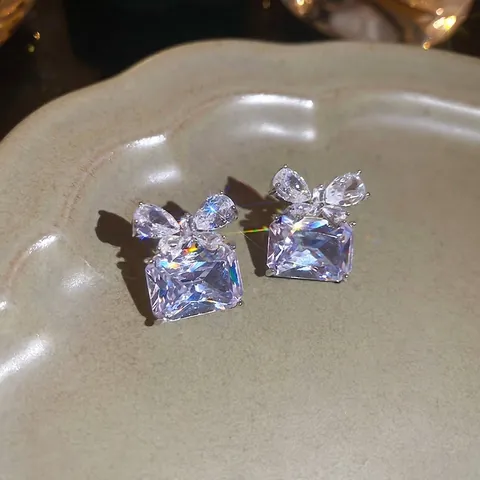 Orecchini A Lobo Con Nodo A Farfalla Zircone Rettangolare Con Perno In Argento Sterling 925 Rame Gioielli Per Donna