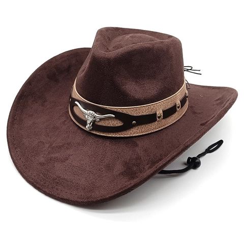Chapeau De Cow-Boy Western Imitation Daim Large Bord Décoration Métal Tête De Taureau Cordon Coupe-Vent Réglable Style Punk Vintage Unisexe