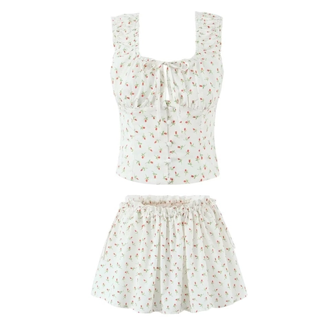 Cotton Floral Ruffle Sleeveless Square Neck Crop Top And Mini Skirt Summer Sweet Western Style Outfits For Women