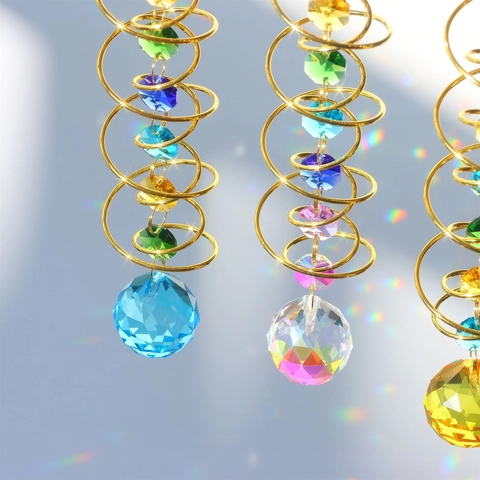 3D Spiral Tail Wind Spinner Stabilizer Hanging Crystal Suncatcher Rainbow Maker Garden Decor Multi-Faceted Prism Ball