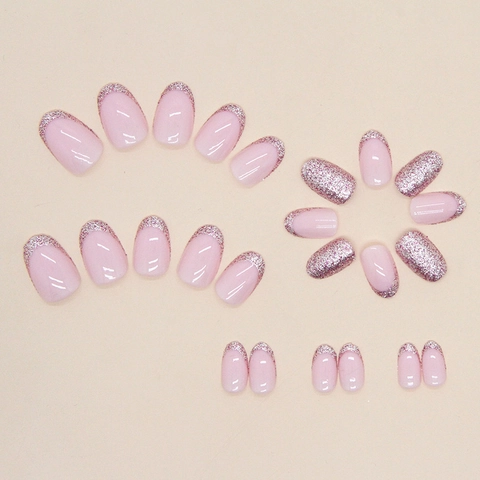 Unghie Finte Press On Francesi Rosa Glitter Oro Rosa Forma Mandorla Manicure Artificiale Per Donne Elegante Dolce Stile Ins