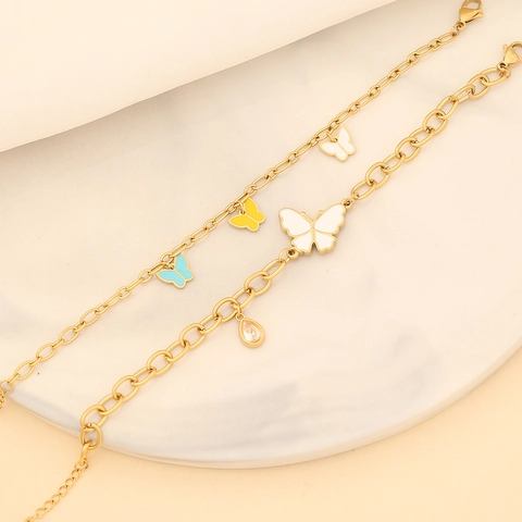 Fashion Stainless Steel Jewelry With Colorful Enamel Butterfly Pendants And Zircon Charms Necklace Bracelet