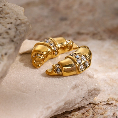 Pendientes de Aro Croissant de Acero Inoxidable Bañados en Oro 18K para Mujer Estilo Francés con Strass Incrustado