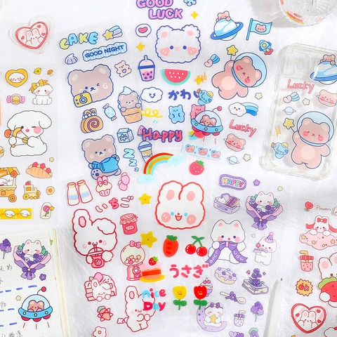 Decorative Stickers PET PVC Waterproof Transparent Cartoon Animal Girl For Flask Journal Phone Case Cute Kawaii DIY