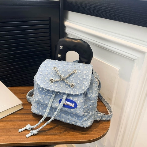Sac À Dos Mini En Jean Mode Femme Décor Chaîne Paillettes Cordon Rabat Sac À Bandoulière Style Décontracté Petit Sac