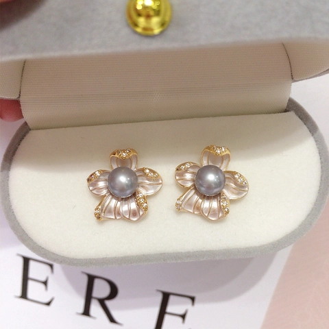 Boucles Oreilles Fleur Perle Eau Douce Naturelle Email Zircon Cuivre Plaqué Or 18K Avec 925 Sterling Silver Earring Post