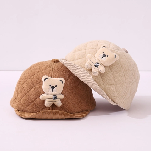 Baby Peaked Cap Quilted Plush Hat With 3D Bear Toddler Corduroy Brim Warm Windproof Soft Baseball Hat