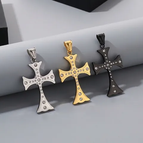 Stainless Steel Cross Pendant Necklace Rhinestone Inlaid Hip Hop Punk Style Jewelry For Men Women