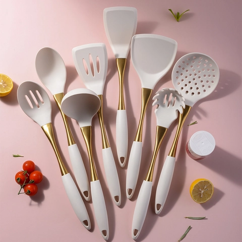 Utensili Da Cucina In Silicone 304 Acciaio Inossidabile Manico Placcato Oro Spatola Antiaderente Mestolo Schiumarola