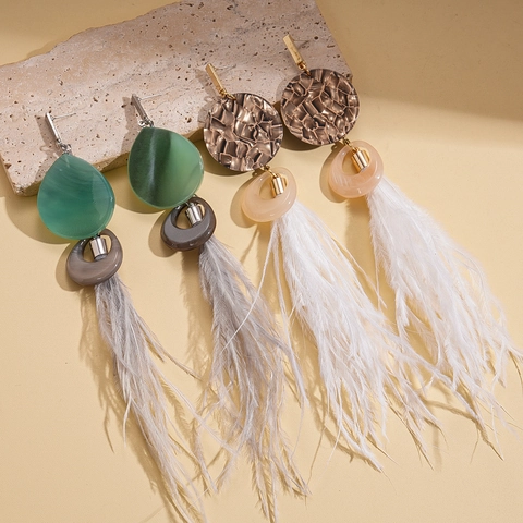 Bohemian Long Feather Tassel Earrings With Silver Earring Post Resin Alloy Ethnic Style Exaggerated Jewelry For Women
