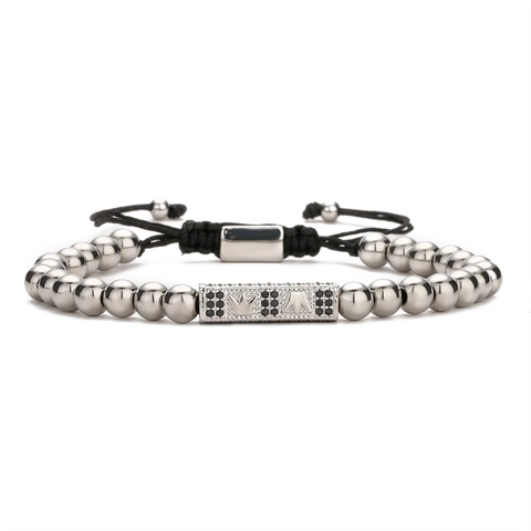 Herren Krone Rechteck Bar Armband Kupferperlen Schwarz Micro Pave Zirkon Geflochtenes Verstellbares Seil Modeschmuck