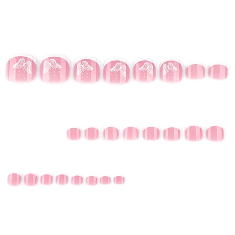 Unghie Finte Per Piedi Base Rosa French Bianca Design Farfalla Estate Semplice Rimovibile Plastica Unghie Artificiali
