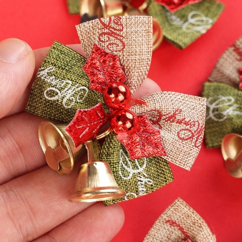 Lazos De Navidad Con Campanas Tela De Arpillera Cuadros Terciopelo Adornos Para Árbol Envoltorio Regalo Decoración