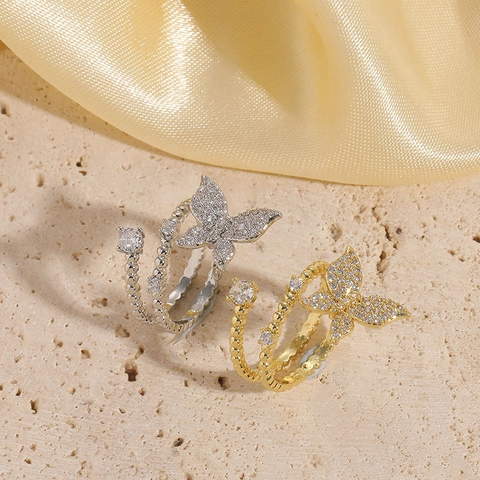 Butterfly Zircon Open Ring Copper 14K Gold Plated Spiral Beaded Texture Adjustable Jewelry For Women
