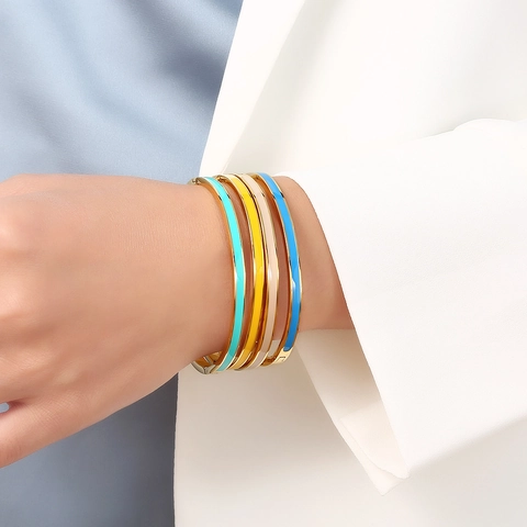 Women Slim Bangle Bracelet Stainless Steel Enamel Inlay Gold Plated Hinge Clasp Minimalist Fashion Polished