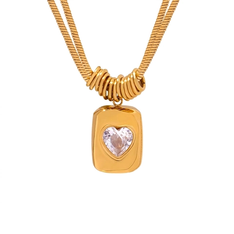 Heart Cubic Zirconia Pendant Necklace Double Layer Snake Bone Chain Stainless Steel Gold Plated Vintage Jewelry Women