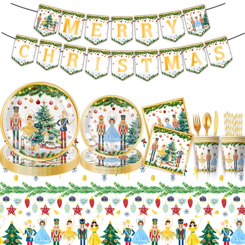 Weihnachten Nussknacker Party Einweggeschirr Set Cartoon Feiertag Papier Teller Servietten Becher Banner Tischdecke Festliche Themenparty Dekoration Set